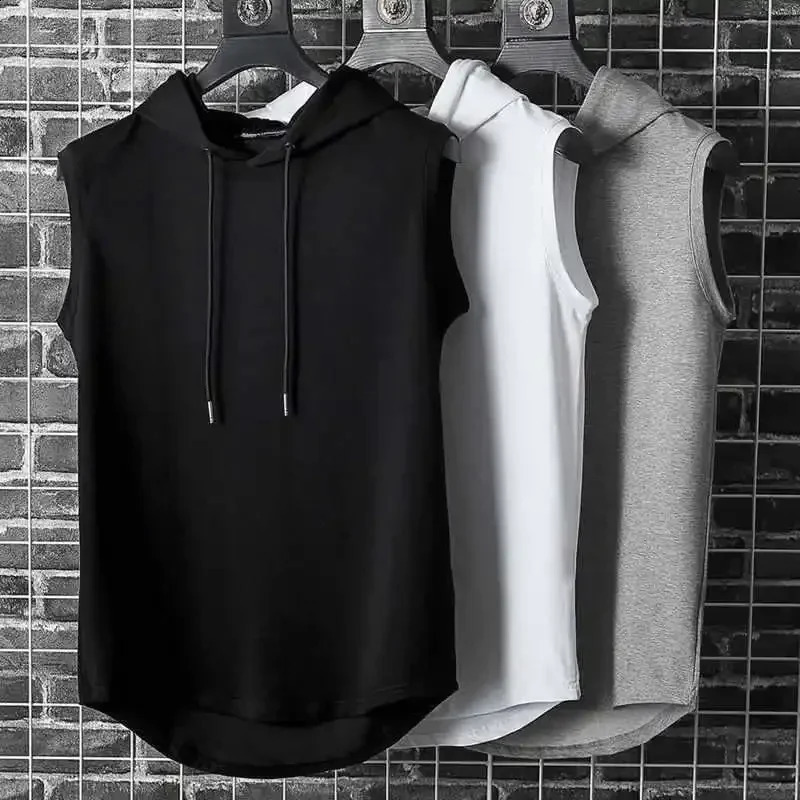 Summer Mens Sleeveless Vest Casual Tshirt Hoodie Fitness Muscle Hooded Polyester Breathable Hiphop Pullover 240812