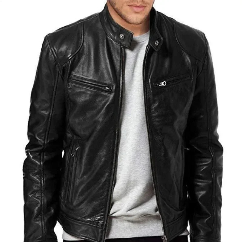 Stand Collar Retro Warm PU Leather Jacket High Quality Jackets Mens Autumn Casual Motorcycle Color Matching Leather Jacket 240813