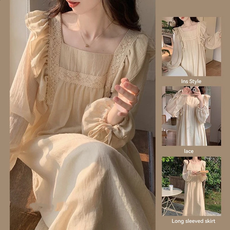 Elegant Nightie Lace Sleepwear Womens Korean Ruffles Nightgown Lace One Piece Pajamas Autumn Long Sleeve Square Collar Home Wear 240813