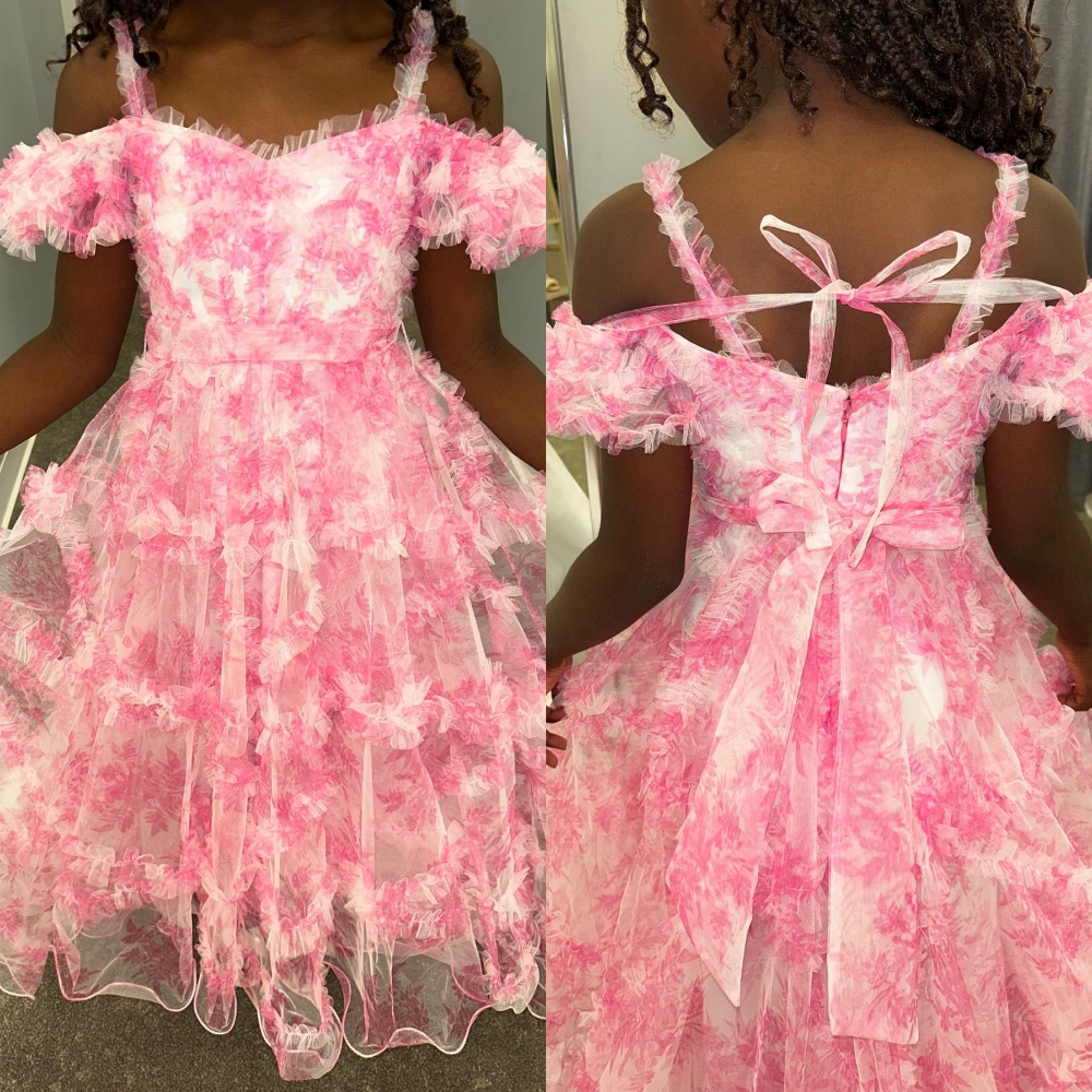 Robe de concours de beauté à imprimé floral pour fille, manches longues à volants, pour petit enfant, anniversaire, cocktail, fête formelle, mode