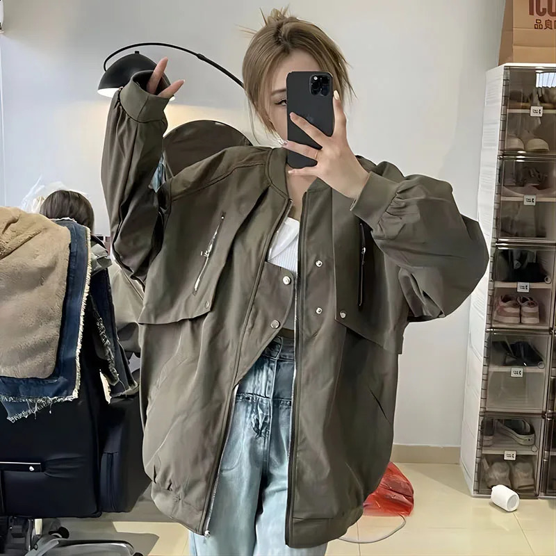 Xpqbb Womens Bomber Jacket Y2K Street Clothing Harajuku Super Zipper Baseball Jacket Womens Army Green Loose Hip Hop Jacket 240812