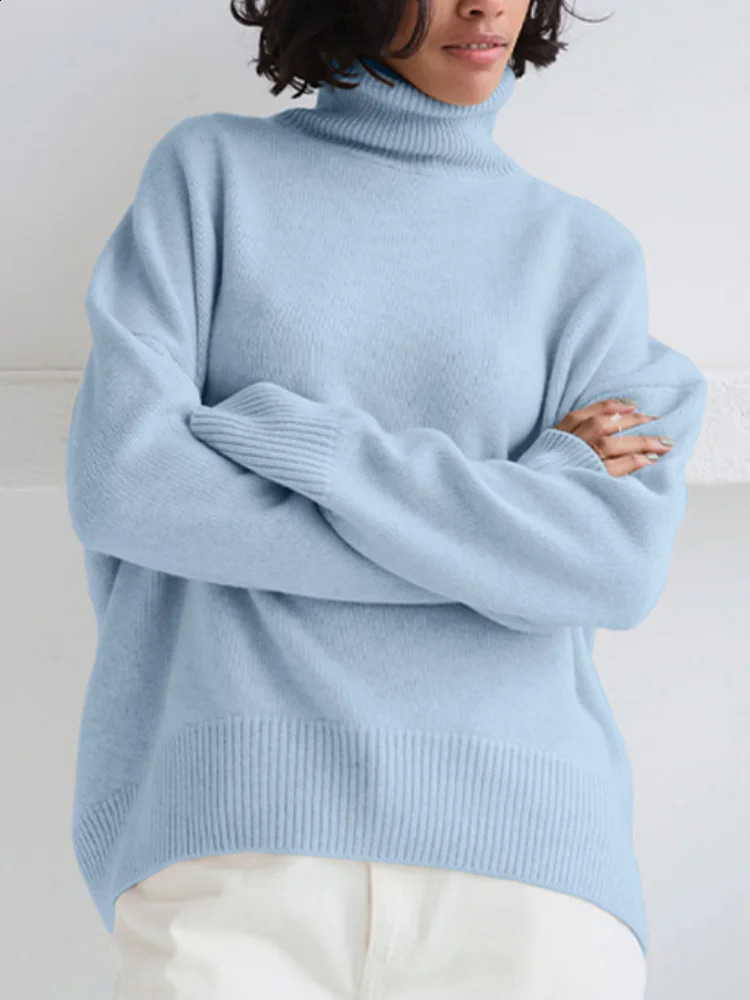 Fashion Solid Turtleneck Long Sleeve Knitted Pullover Commute Long Sleeves Loose Sweater Women Autumn Ladies Streetwear 240813