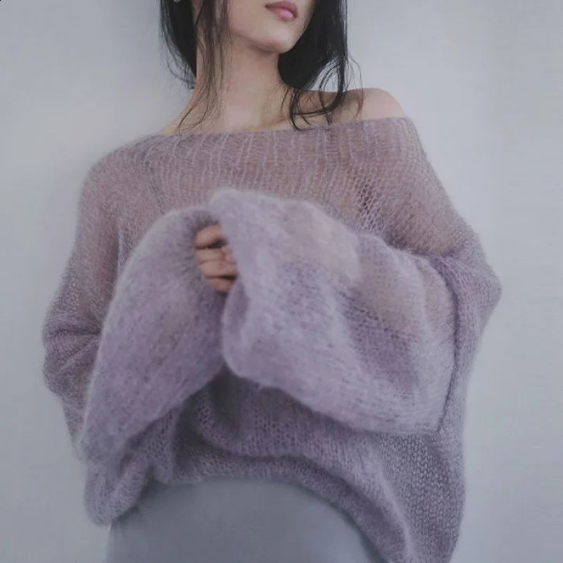 Vintage creux des pulls minces femmes sexy slash cou tricot pull coréen sweet sweatshirt doux élégant en vrac 240813