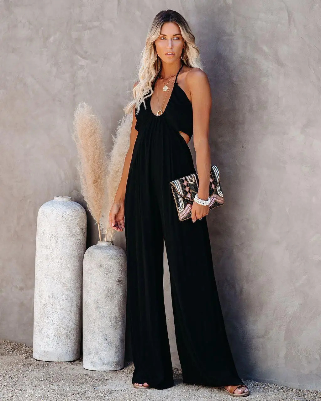 Women Jumpsuits V Neck Rompers Backless One Piece Overalls Streetwear Wide Leg Pants Hollow Solid Loose Ankle Length Sexy 240813