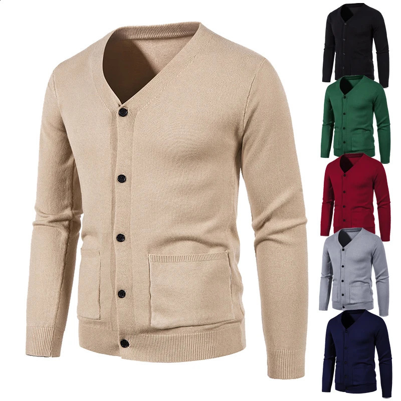 Spring Autumn Cardigan Men V Neck Knitted Sweater Coats Solid Color Mens Casual Jacket Slim Knitwear Tops 240813