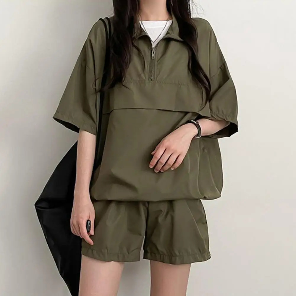 Women Two Pieces Sets Turtleneck Zipper T-shirtsShorts Summer Casual Sportswear Solid Color Outfits Ladies Loose Tracksuit 240813