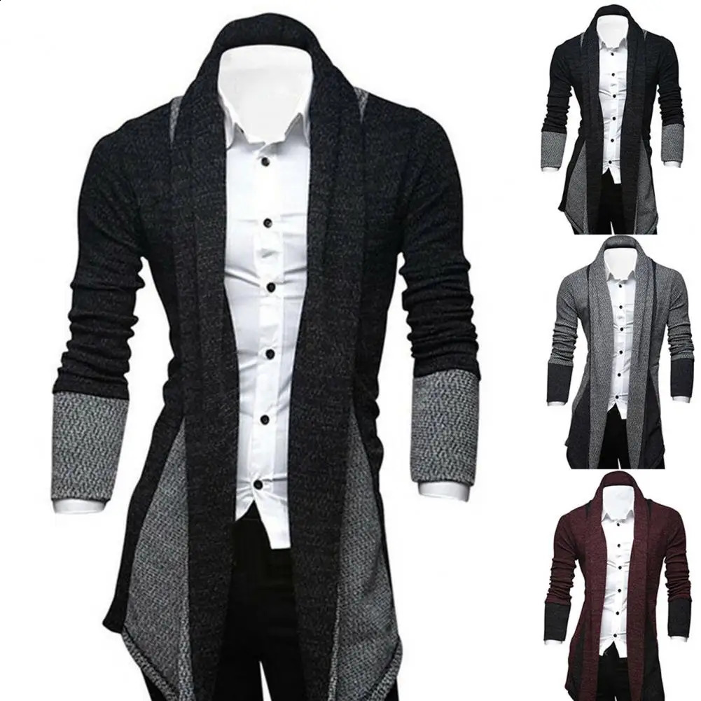 Stylish Long Sleeves Cardigan Coat Loose Fit Stretchy Knitted Sweater Color Block Breathable Men Knitwear Mens Clothing 240813