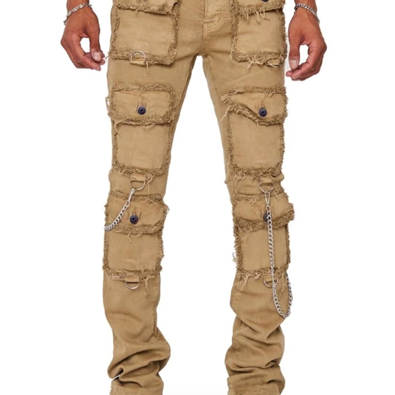 2024 Jeans de cargaison pour hommes européens étirent les jambes droites bagages ultra mince chaîne de denim en bas 240812