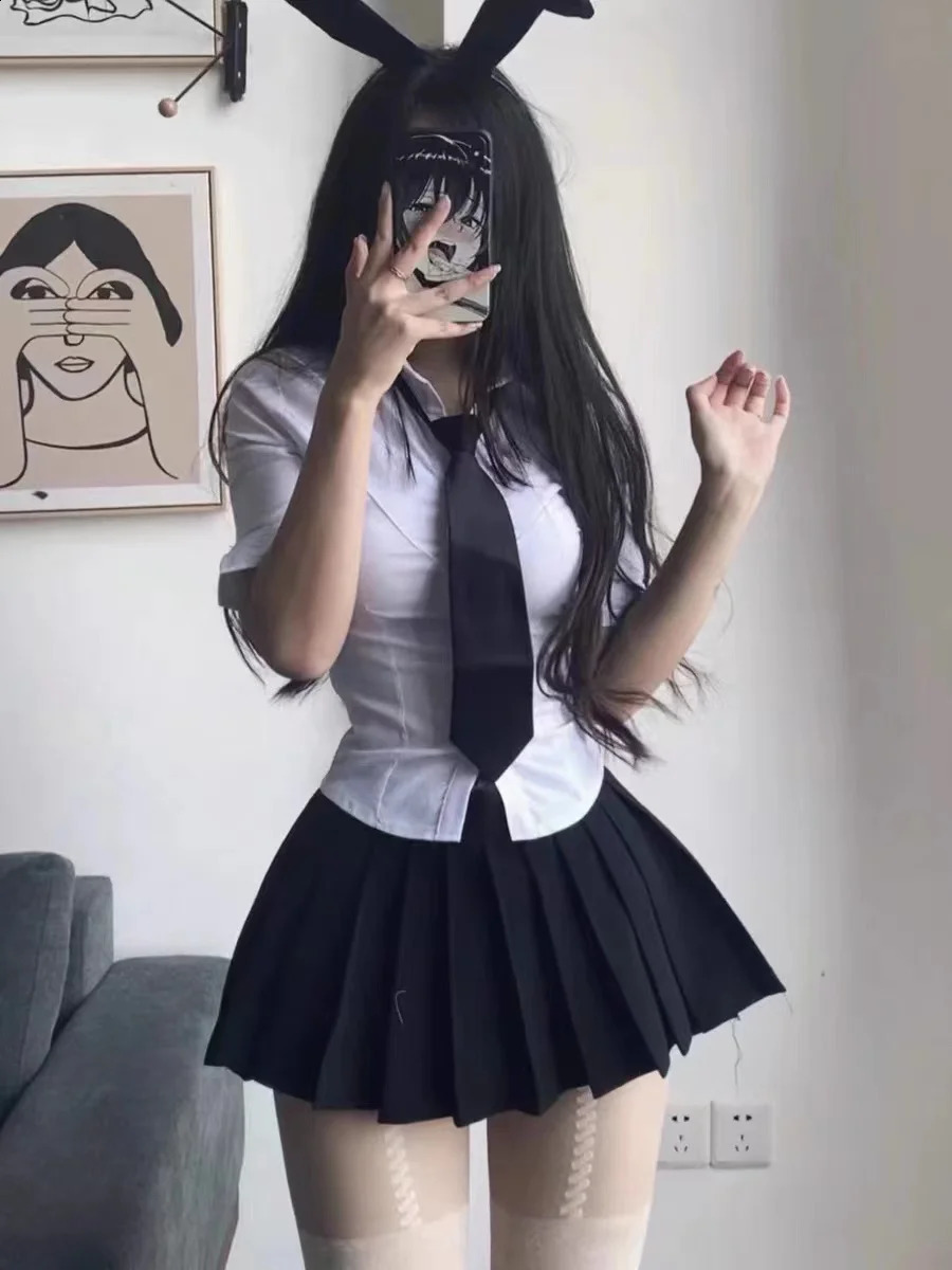 Spicy girl uniforme costume étudiant quotidien japonais jk set femmes à manches longues minces minces mitages mini-jupe plissée d'été 240812