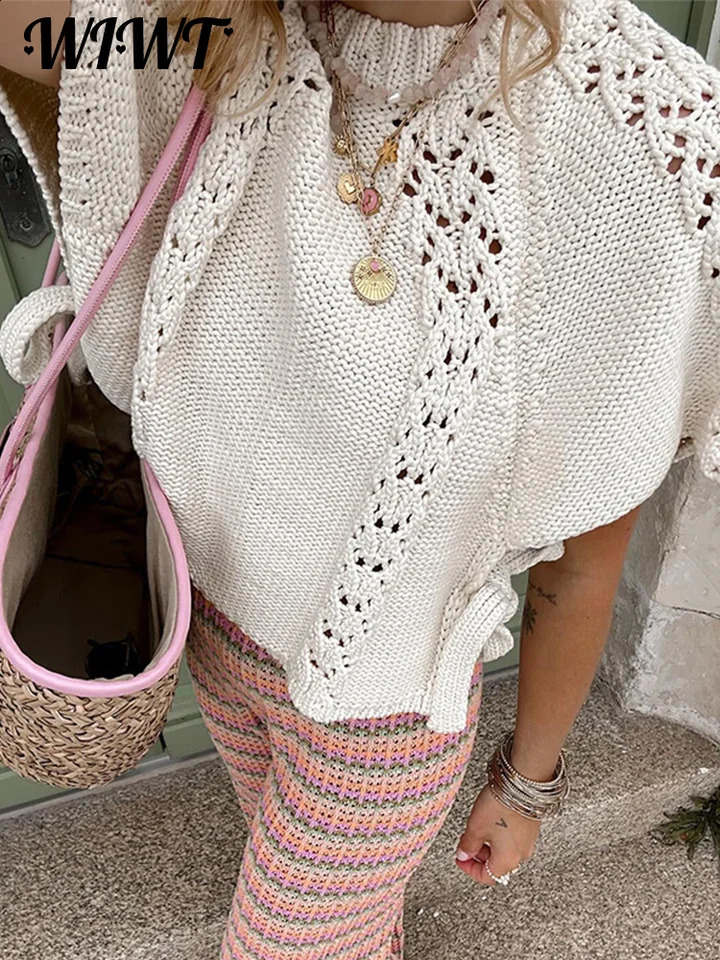 Casual Knit Hollow Out Pullovers Women Loose O-neck Short Sleeve Lace Up Sweaters Autumn Female Solid Knitwear Top 240813