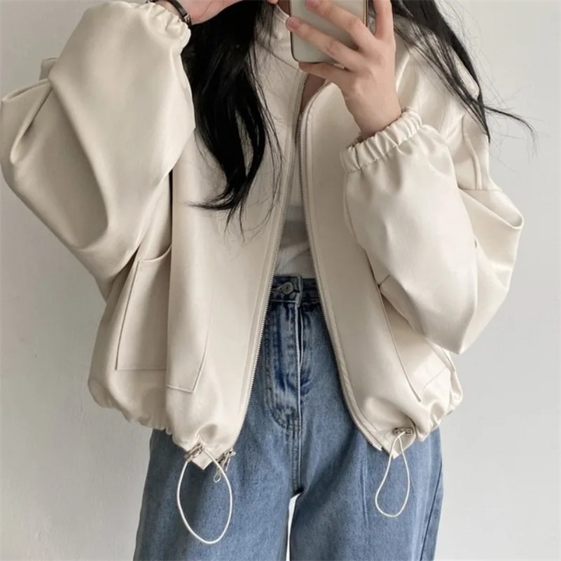 Jackets for Women Korea Chic Autumn Standup Collar Zipper Drawstring Motorcycle Leather Coat Woman Jacket y240812