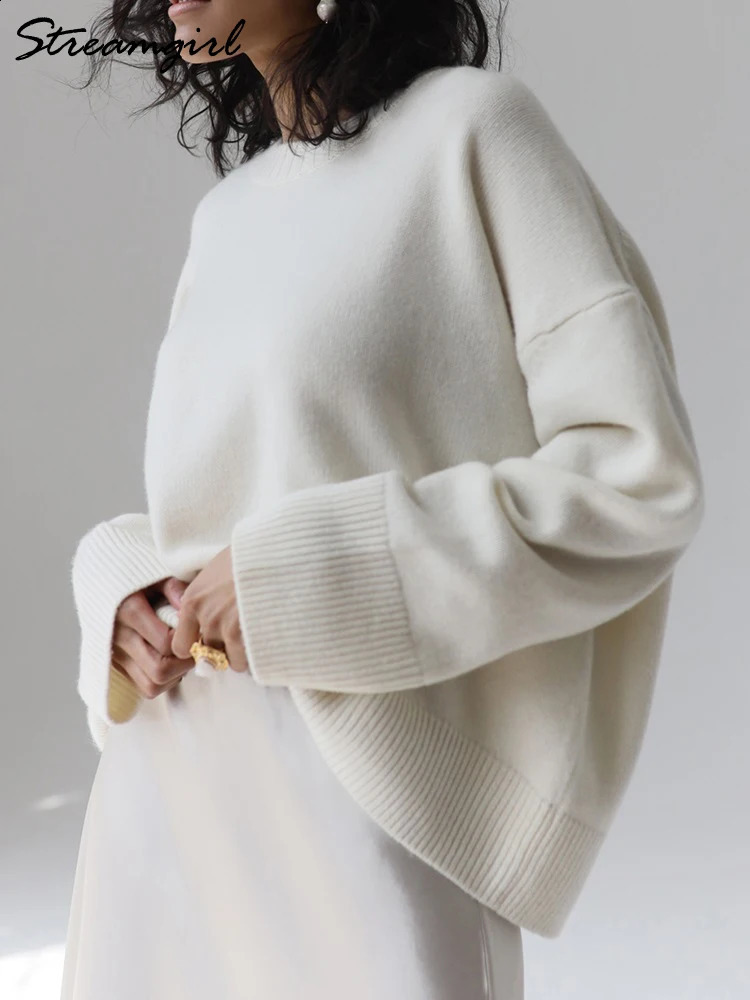 Basic Sweaters For Women Oversize O Neck Knitted Pullovers Autumn Winter Loose Tops Womens Jumper Light Blue Sweaters Oversized 240813