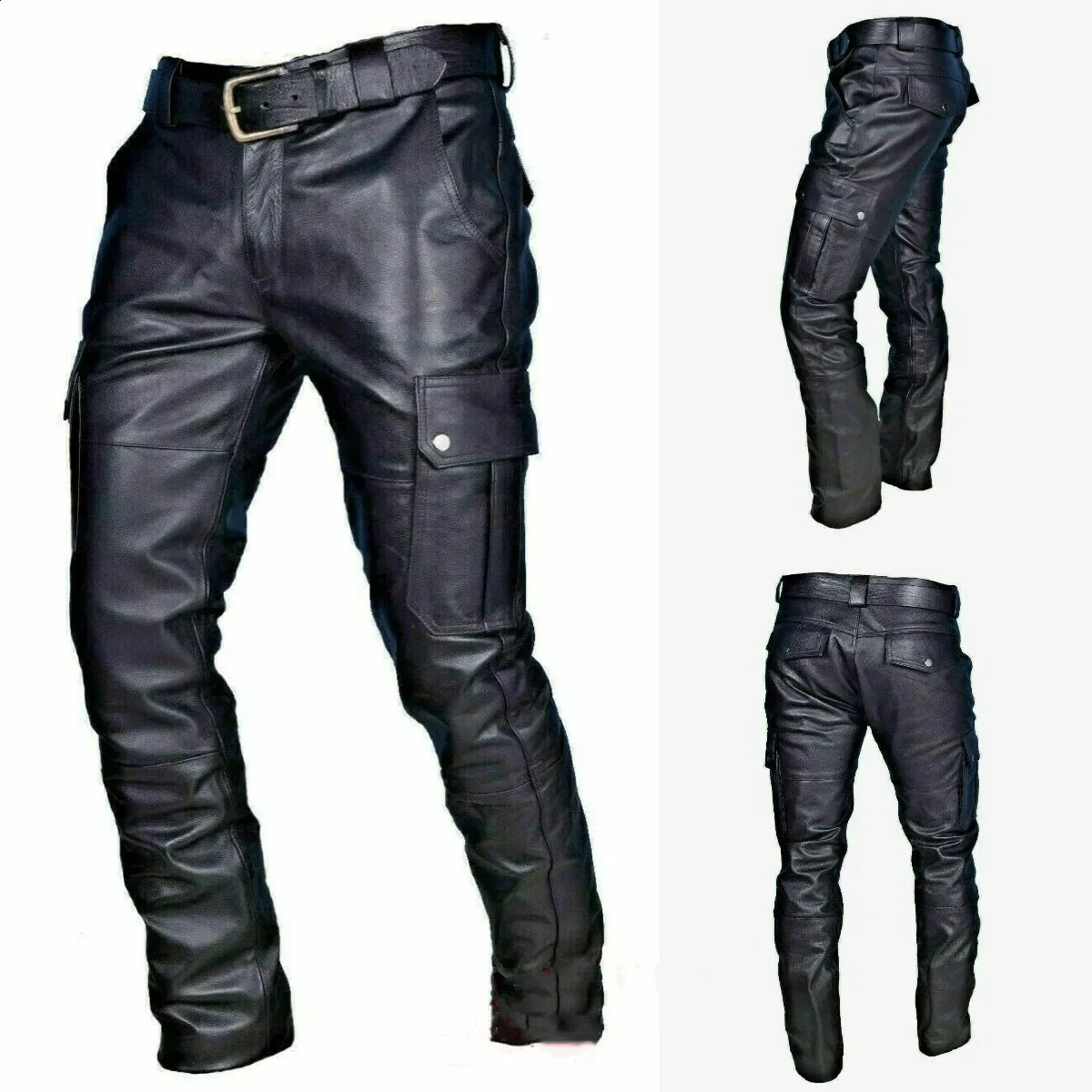 2023 Spring and Autumn Mens Fashion Casual European American Color PU Strap Leather Pants 240812