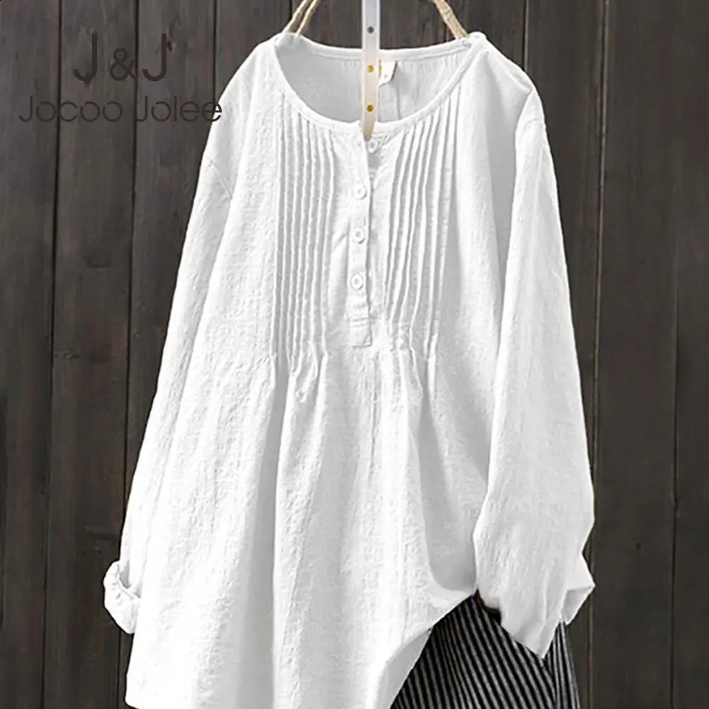 Jocoo Jolee Women Autumn Casual Long Sleeve O Neck Loose Blouse Vintage Harajuku Solid Cotton and Linen Shirt Oversized Tops 240813