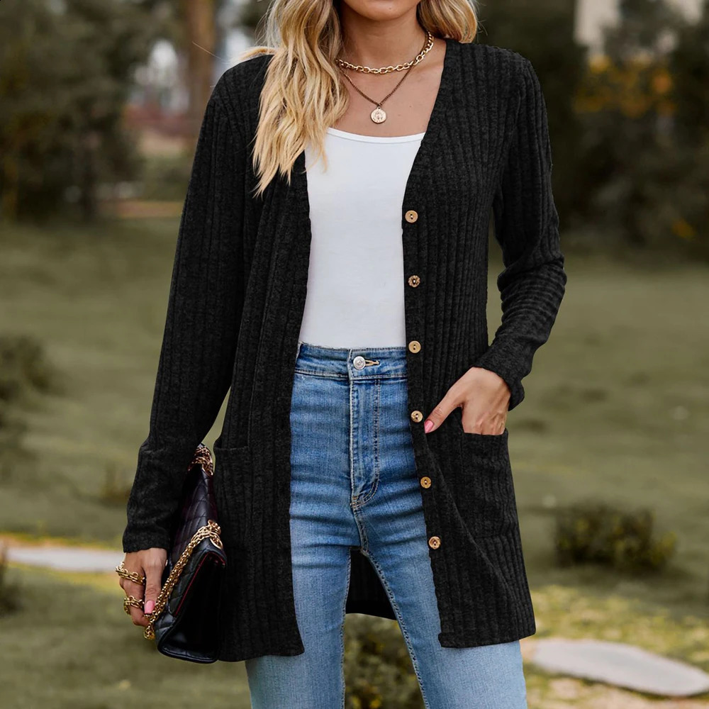 Autumn Winter Women Ribbed Button Cardigan Solid Casual Knitted Coat V Neck Tops Outwear Long Sleeve Elastic Basic Slim Sweater 240813