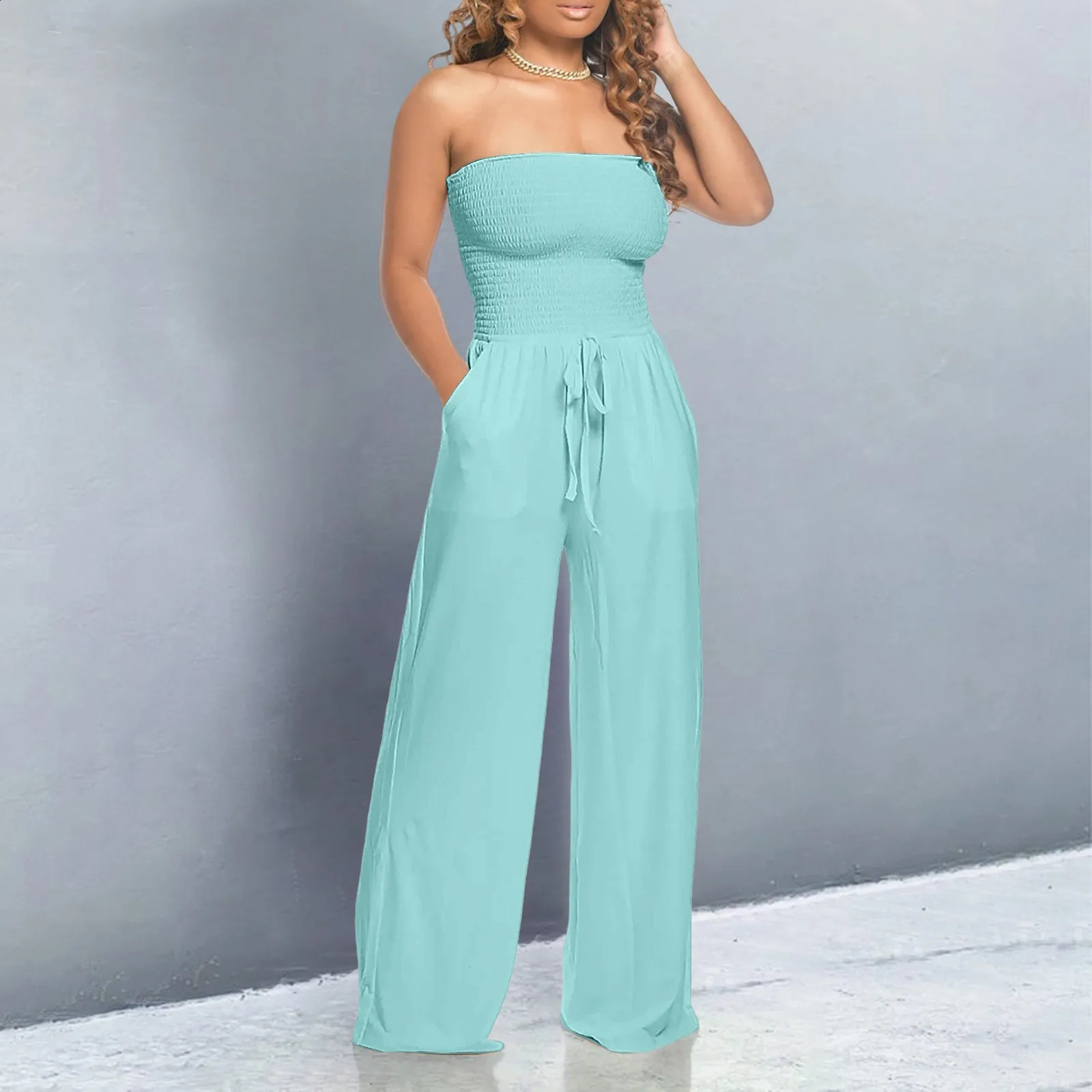 Elegant and soft lace jumpsuit sparkling jumpsuit womens solid pleated lace sleeveless lace medium length straight Trouser 241031