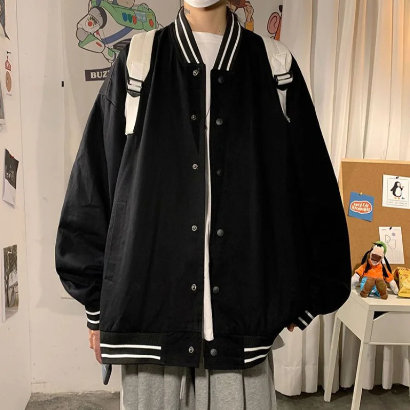 Mens Autumn Spring Jacket Womens High Street Striped Windproof Jacket Loose Jacket Womens Street Wear Thin Solid Baseball Black Jacket240812