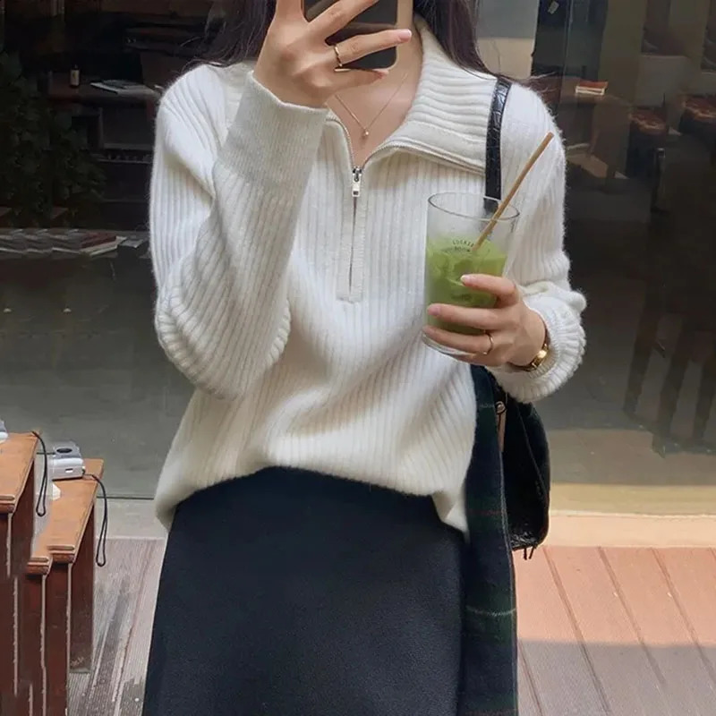 Lucyever Knitted Sweaters Women Autumn Winter Thicken Warm Zipper Jumpers Woman Casual Simple Solid Color Ribbed Pullovers 240813
