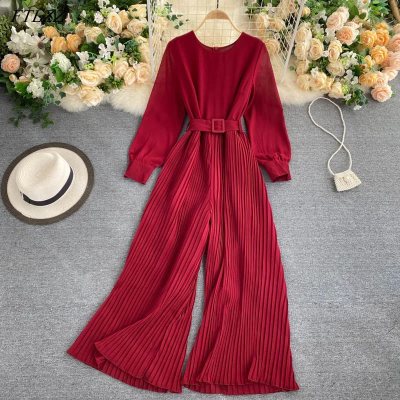FTLZZ Spring Autumn Women Casual Loose Long Sleeve Solid Jumpsuits Office Lady O-Neck Wide Leg Trousers with Belt 240813