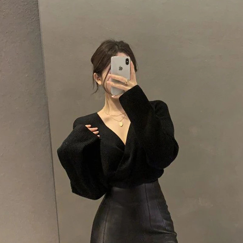 MEXZT Black Sweaters Women Korean Irregular V Neck Knitted Pullovers Office Lady Elegant Knitwear Autumn Winter Solid Jumpers 240813