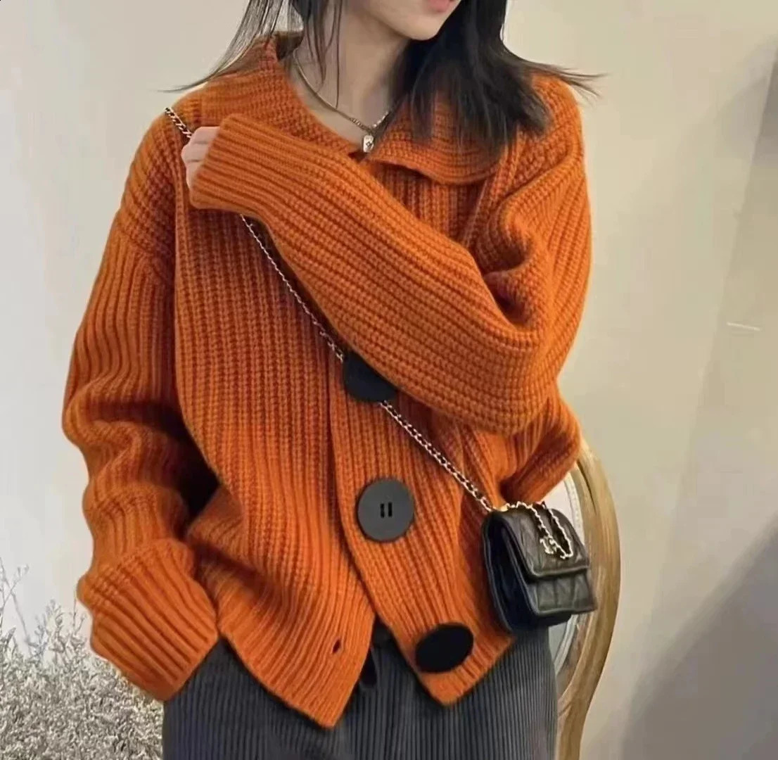 European Cashmere Cardigan Womens POLO Collar Long Sleeve Loose Korean Fashion Big Button Lapel Wool Knit Coat Sweater 240813