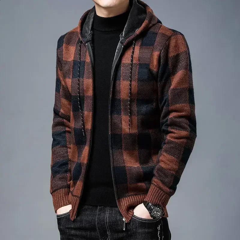 Pulls tricotés pour hommes rouges coréens mode homme vêtements zip-up hoodies manteau cardigan veste à glissière plaid shirt-shirt hiver 240813