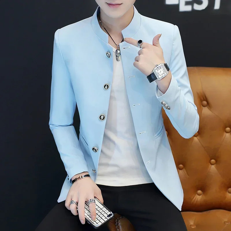 Men Solid Color Standing Collar Suit Coat Chinese Slim Fit Mens Zhongshan Jacket Autumn Wedding Graduation Dress 240812