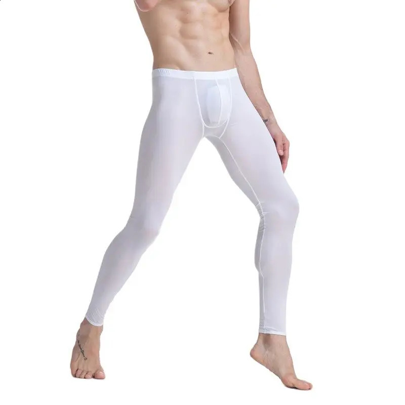 CLEVERMENMODE Sheer Mens Ice Silk Long Johns Pants Elastic Underwear Thin Nightwear Translucent Pajamas Bottoms Thermal 240812