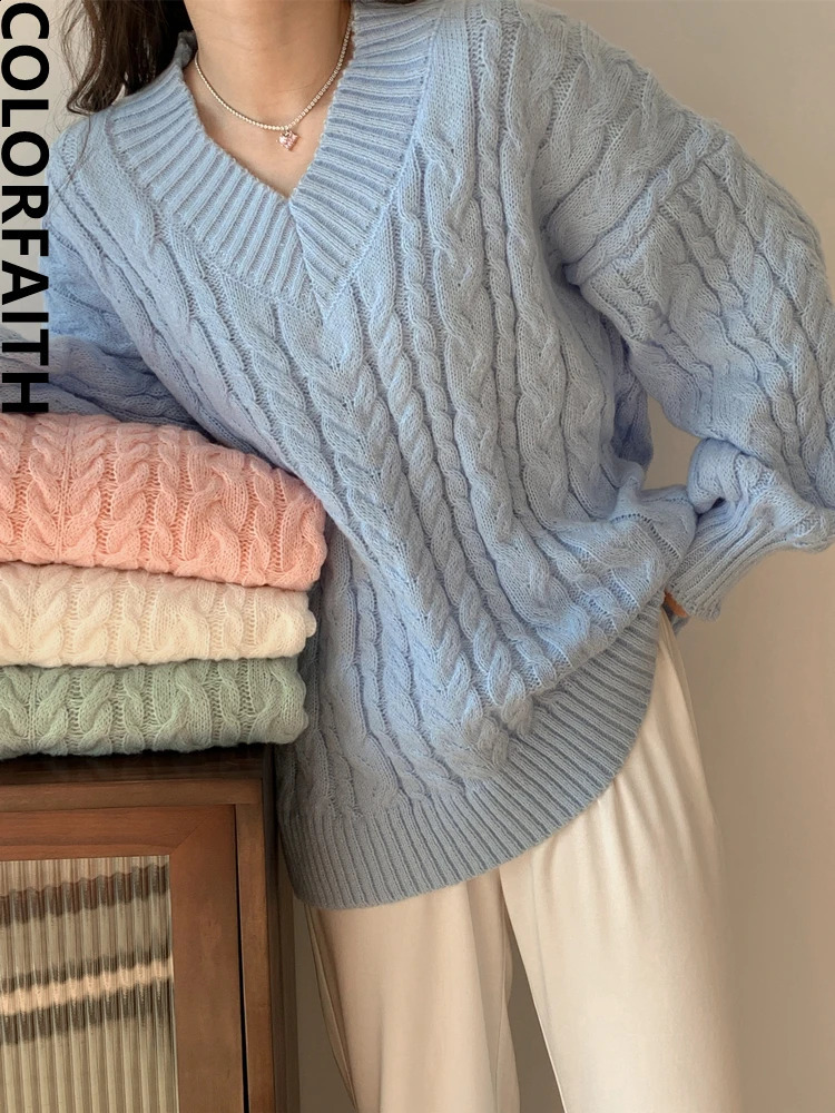 Colorfaith SW5144JX Chic Korean Fashion Oversized Sweaters Pullovers Elegant Vintage V-Neck Women Winter Spring Tops 240813