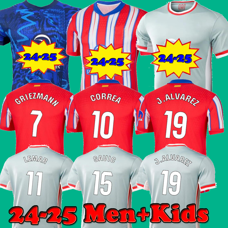 24 25 Maillots de football ATL Memphis J.Alvarez 2024 2025 Correa Camiseta Football Shirts Kids Griezmann Troisième Men Normand Carrasco Home Atl