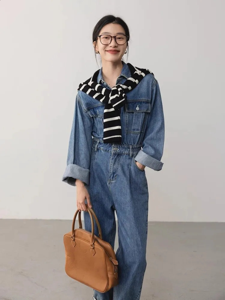 Washed Denim Workwear Jumpsuit WomenS Autumn Retro Collar High Waisted Straight Leg Jumpsuit Pants 240813