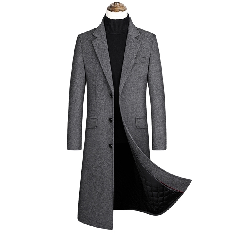 Boutique d'automne et d'hiver en laine noir gris gris classique couleur unie épaisse chaude mens extra longue trench en laine veste mâle Jacket 2