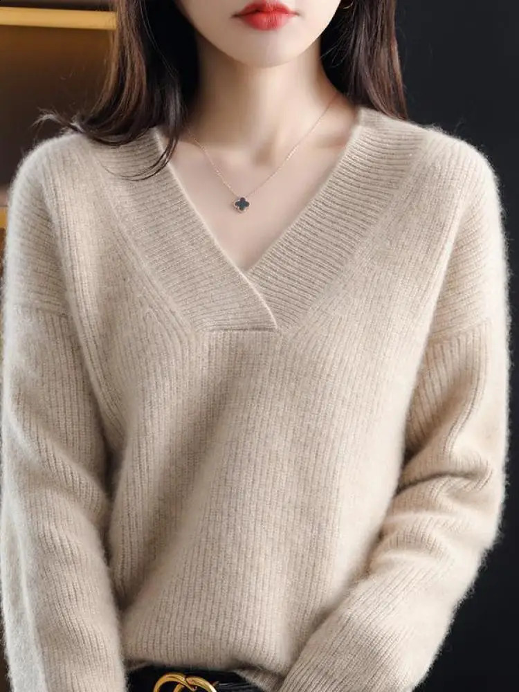 V-Neck Autumn Winter Sweater pullovers Women loose thick cashmere Sweater Pullover women oversize sweater jumper 240813