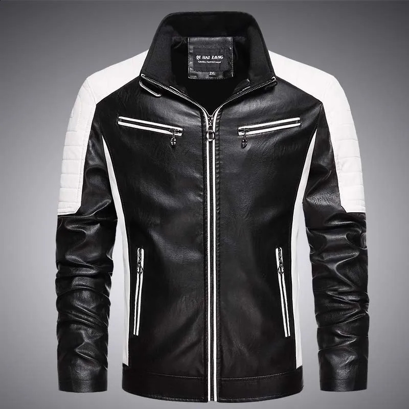 Mens Motorcycle Pu Leather Jacket Pocket Zipper Quality Faux Fur Male Clothing Autumn Winter Stand Collar Windproof Men Coats 240813