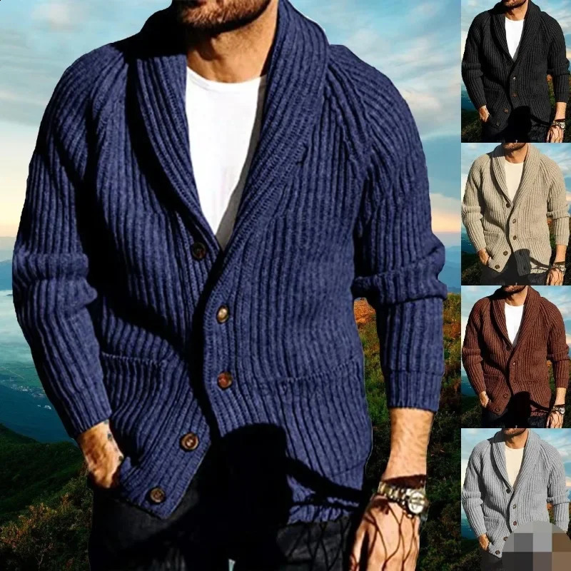 Autumn Winter Mens Clothing Slim Solid Color Long Sleeve Lapel Single Breasted Knitted Cardigan Sweater Coat 240813