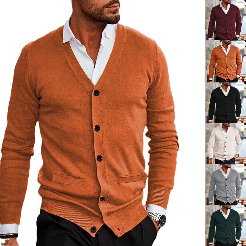 Cardigan tricoté de couleur unie pour hommes, manteau printemps-automne, col en V, manches longues, Slim, boutonné, pull avec poches, hauts pour