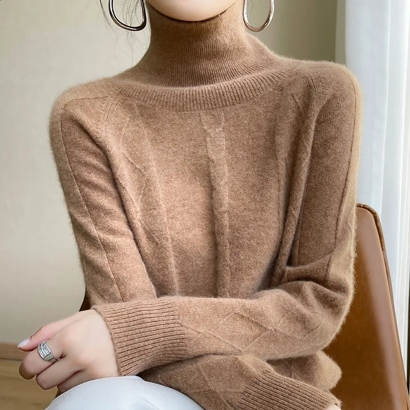 Cashmere Sweater Women Quality Soft Comfortable LooseTurtleneck Pullover Shirts Womens long sleeve top Loose Weaving Flowers 240813