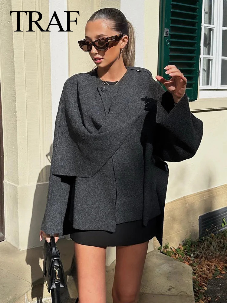 TRAF Winter Fashion Asymmetric Scarf Womens Black Knitted Coat Long Sleeve Single Button Loose Womens Short Woolen Jacket 240813