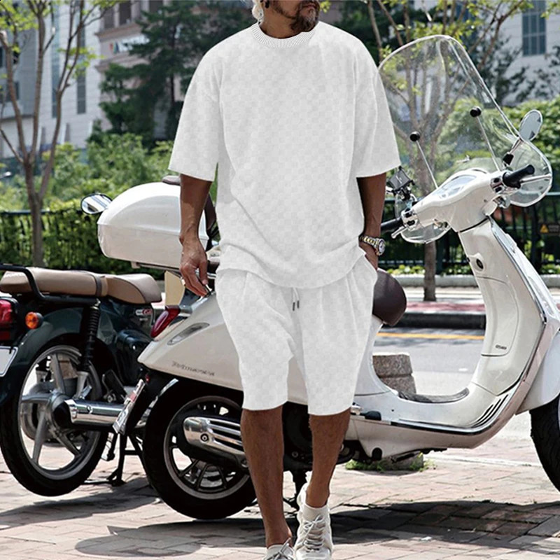 European and American towel plaid knitted mens shortsleeved shorts suit fashion casual round neck 240813