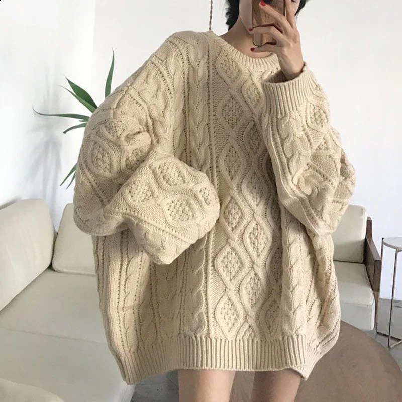 Size 4XL 120KG Autumn Winter Knitted Sweater O Neck Long Sleeved Loose Womens Sweater Oversized Warm Female Pullovers 240813