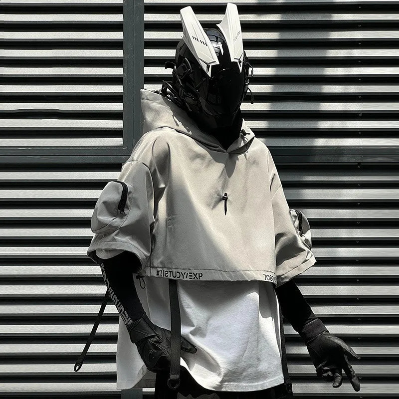2024 Tactical Techwear Style Punk Hip Hop Short Jacket Hooded Cloak Men Women Functional High Street Casual Coat Cape 240813Z