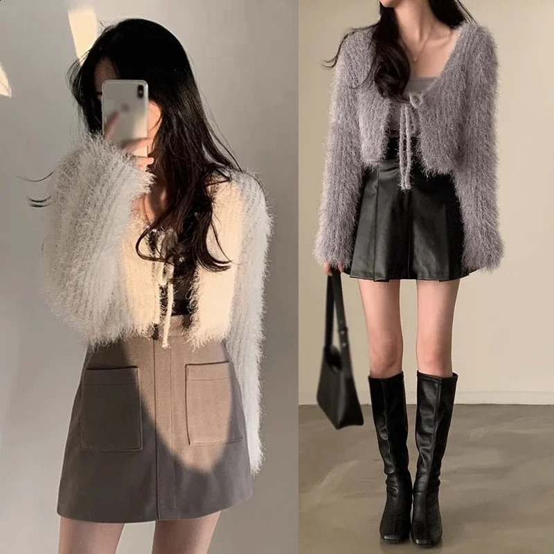 Cardigan Women Solid color Sexy Mink velvet Loose fitting Knitted Womens top Sweater cardigan Autumn and winter Womens sweater 240813