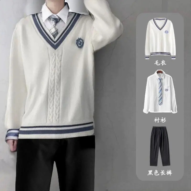 Style d'automne et d'hiver Vneck tricot pull en tricot Unisexe Pantalon de chemise d'étudiant 3pcs JK Uniform Couple Class Service 240812
