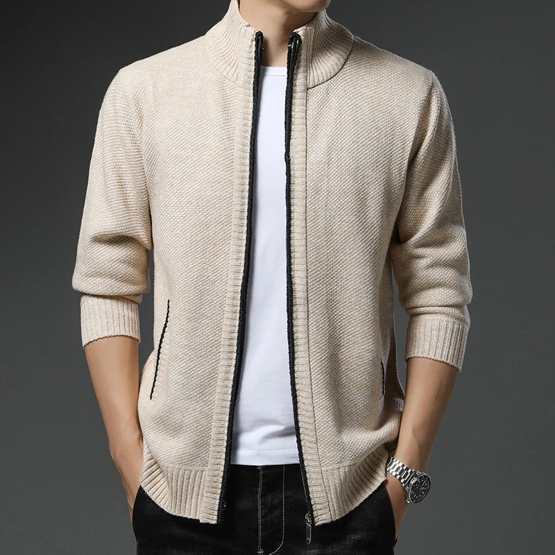 Mens Knit Sweater Stand Collar Cardigan Coat Autumn Winter Fleece Warm Clothes Korean Casual Cardigans Knit Jacket 240813