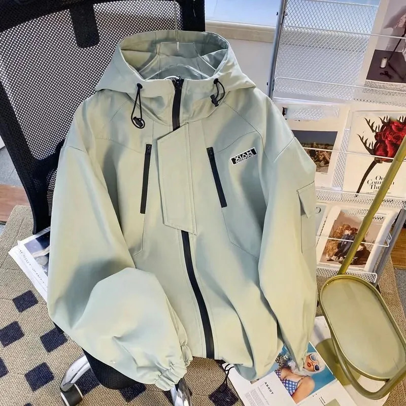 American Workwear Jacket Lady Outerwear Long sleeved Hooded Female Tops Coat Spring Autumn Loose Fitting Waterproof Women 240812