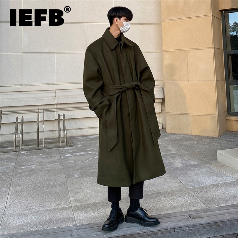 IEFB Tweed Overcoat Mens Autumn Winter Long Coat Loose Knee-length Korean British Thickened Belted Woolen Jacket D1221 240812