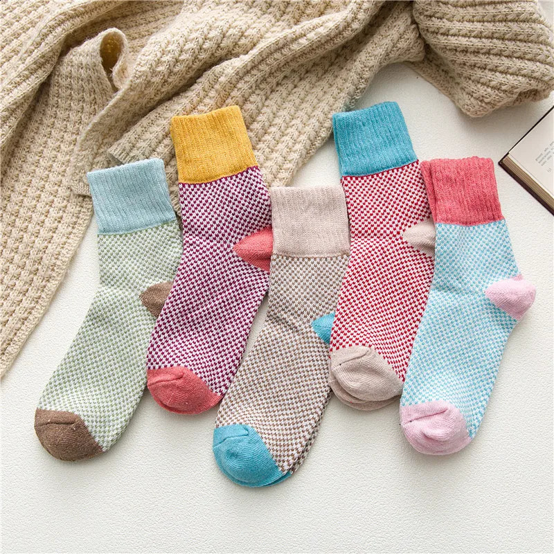 5 Pairs Wool Socks Winter and Autumn Super Thick Warm Cashmere Snow Harajuku Star Women Casual Socks 240813