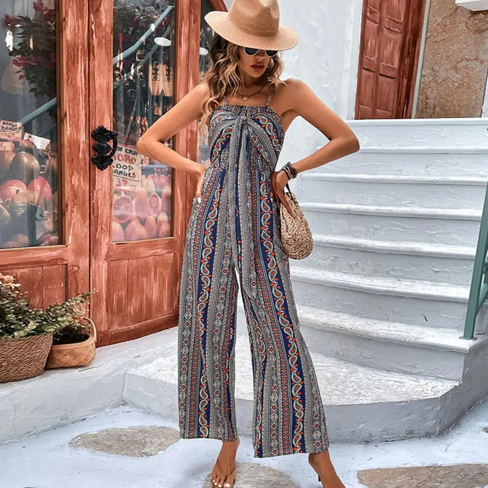 Women Summer Jumpsuit Sleeveless Printed Backless Adjutable Spaghetti Strap Lace-up Knot Wide Leg Off Shoulder Long Jumpsuit 240813