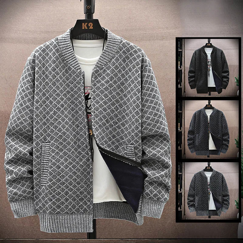 Mens Sweater Knitted Cardigan Autumn Winter Thick Warm Fleece Zipper Jacket Knitwear Sweater Coat Korean Men Clothing 240813