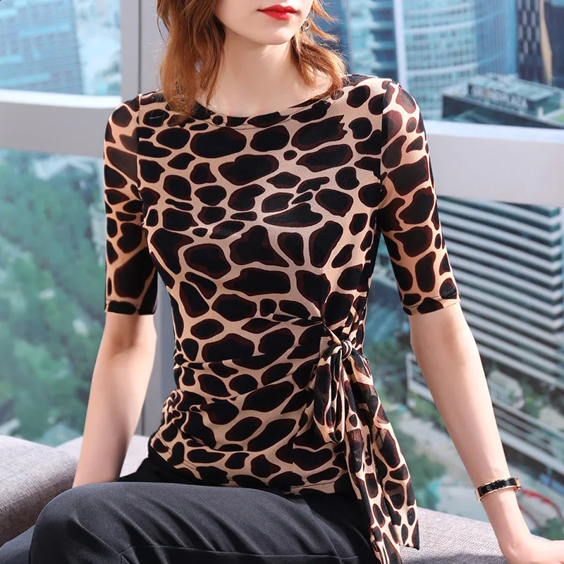 Womens Short sleeved T-shirt Summer Sexy Leopard Print European Shirt Belt Elastic Tight Y2k Top S-3XL240812